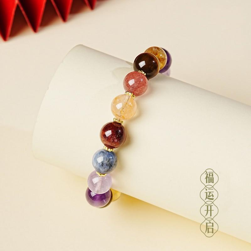 Natural Multigem Crystal Bracelet Women Purple Amethyst Yellow Citrine Strawberry Quartz Tigers Eye Gold Obsidian Handmade