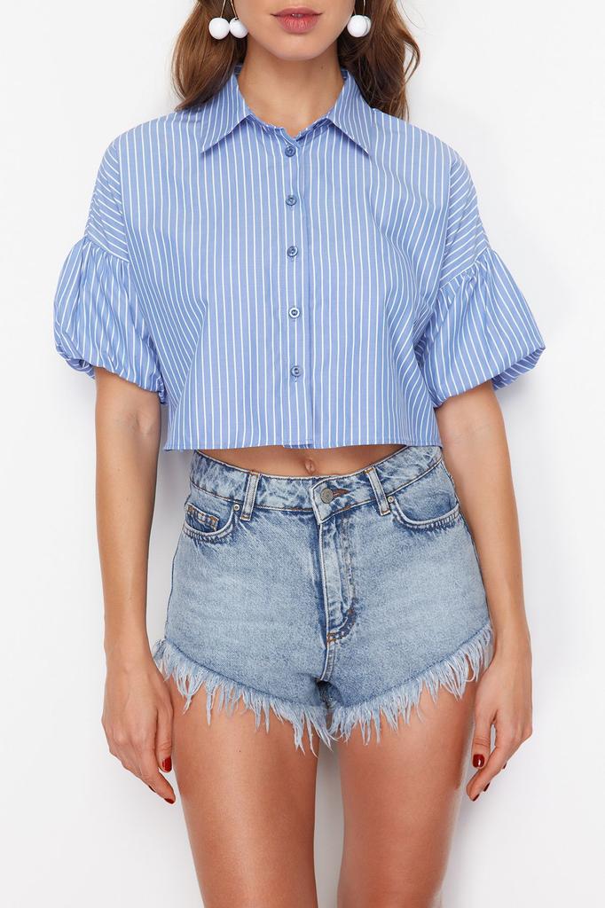 Women's Style Shirt Striped Crop Woven Balloon Sleeve Shirt