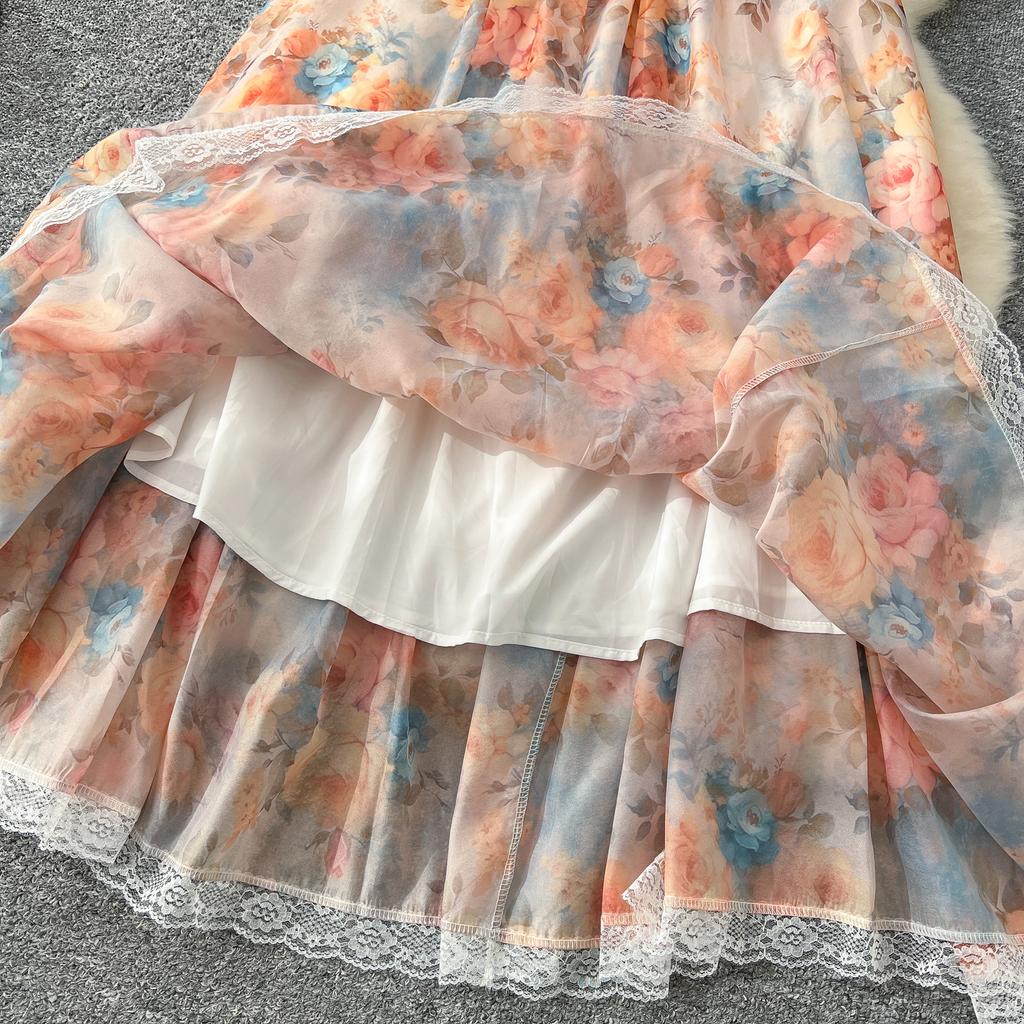 Высококачественное цветочное пляжное макси-платье для женщин с разрезом по горловине, эластичное отпускное шифоновое платье А-силуэта с кружевным принтом, длинный сарафан