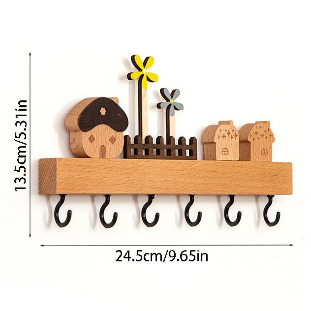 6 Hooks Key Storage Holder Wooden Sundries Storage Shelf Home Decor Accessory Coat Rack Towels
