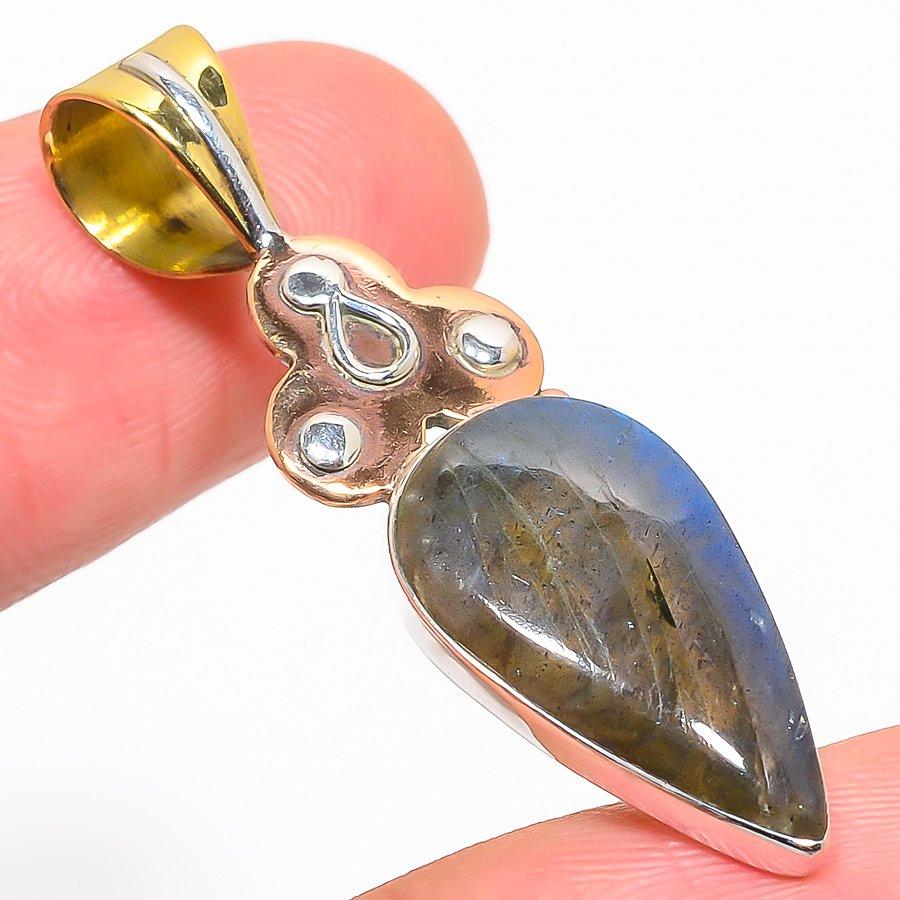 Natural Labradorite TwoTone 925 Solid Sterling Silver Jewelry Pendant 1.75" I9d91