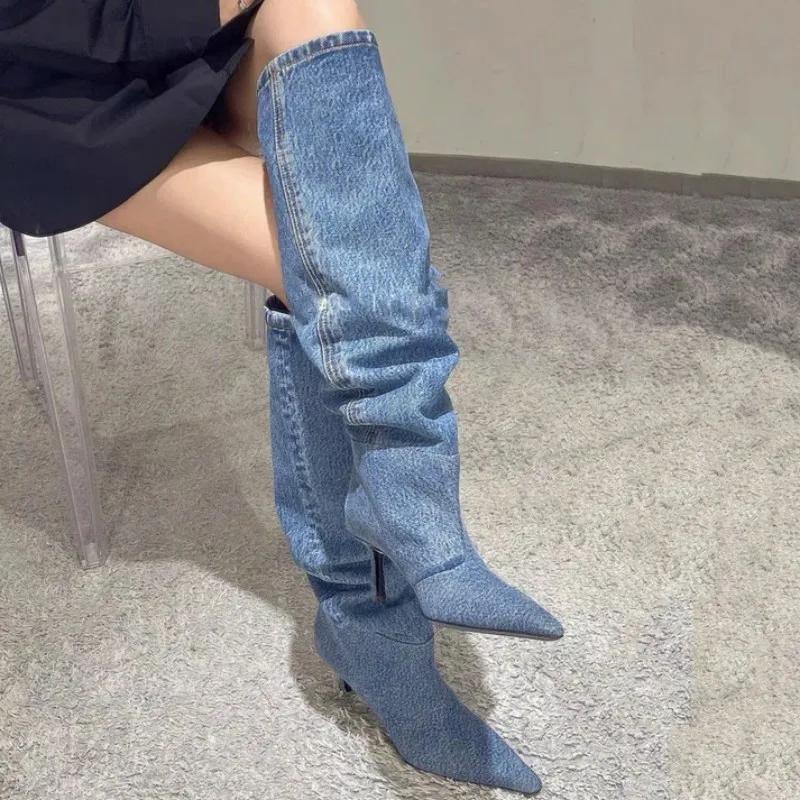 2024 Cowboy Knee High Chelsea Boots 2024 New Autumn Winter Pointed Toe Women Stilettos Shoes Gladiator Motorcycle