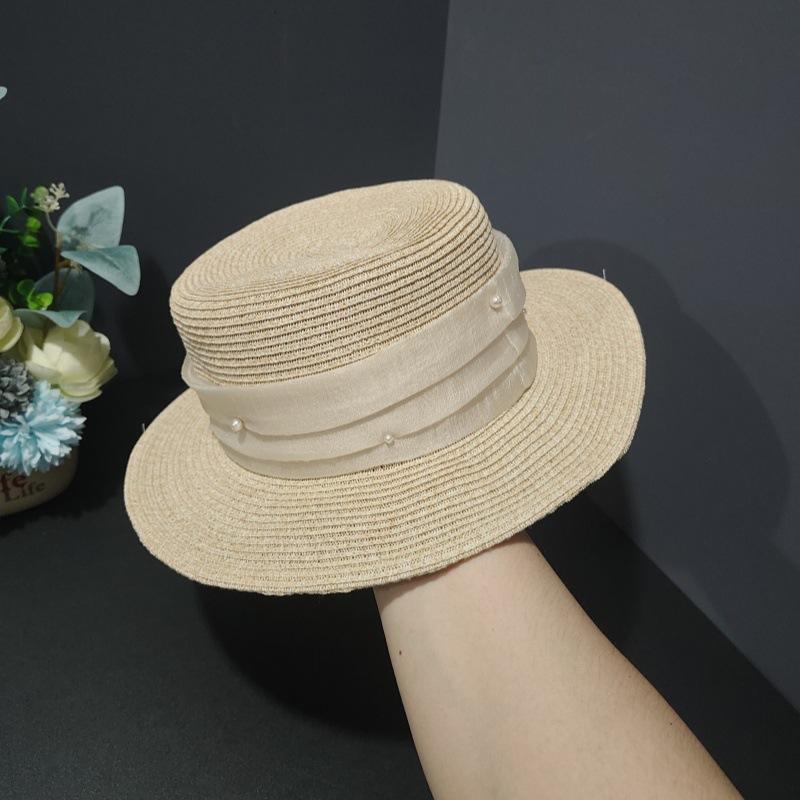 French Elegant Satin Pearl Straw Flat Top Hat Women's Spring Summer Sun Hat Seaside Beach Sunscreen Hat Straw Hat