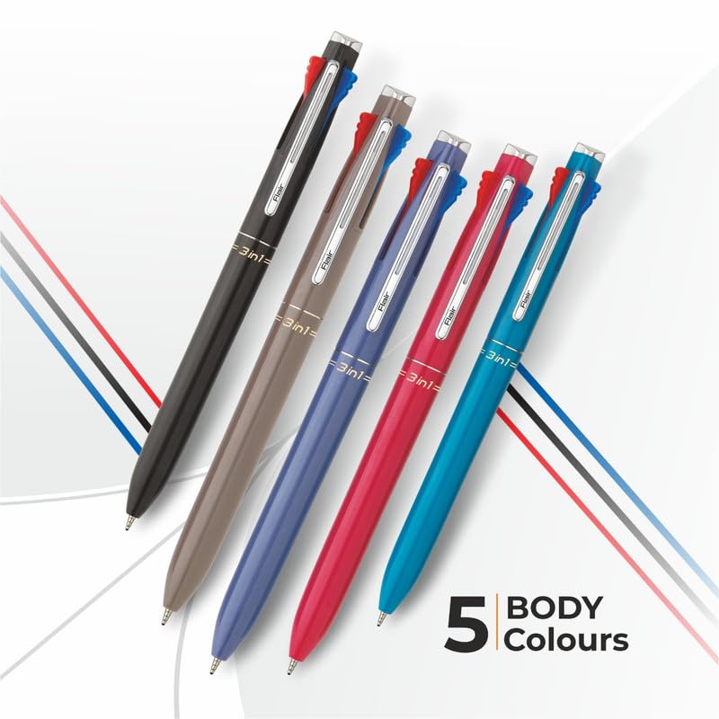 Flair 3 in 1 Retractable Ball Pen, Pack of 4, Blue Black Red Ink, Smooth Writing for Office School & Home