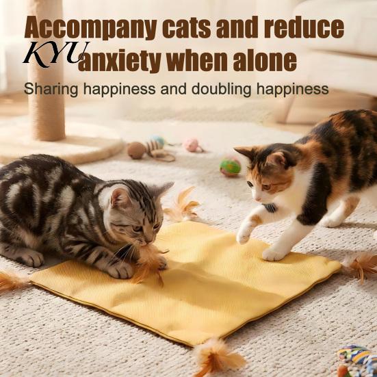 Interactive Cat Play Mats Crinkle Mat Toy, Square Linen with Feathers, Exercise And Pads Foldable Scratcher for Indoor Kitten Biting Scratching