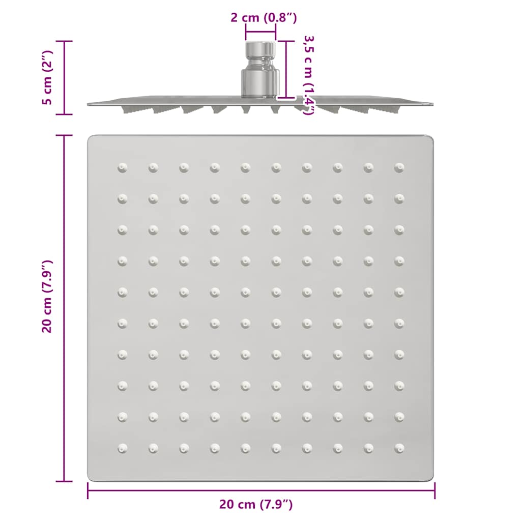 Rain Shower Head 304 Stainless Steel 20 x 20 cm Square