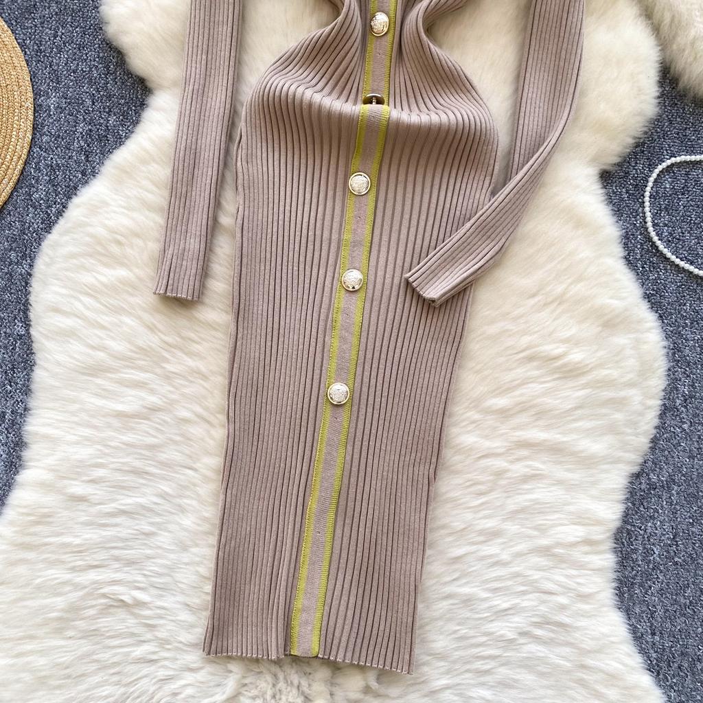 Autumn Winter Women Knitted Dresses 2024 Vintage Patchwork Striped Long Sleeve Bodycon Sexy Chic Long Dress