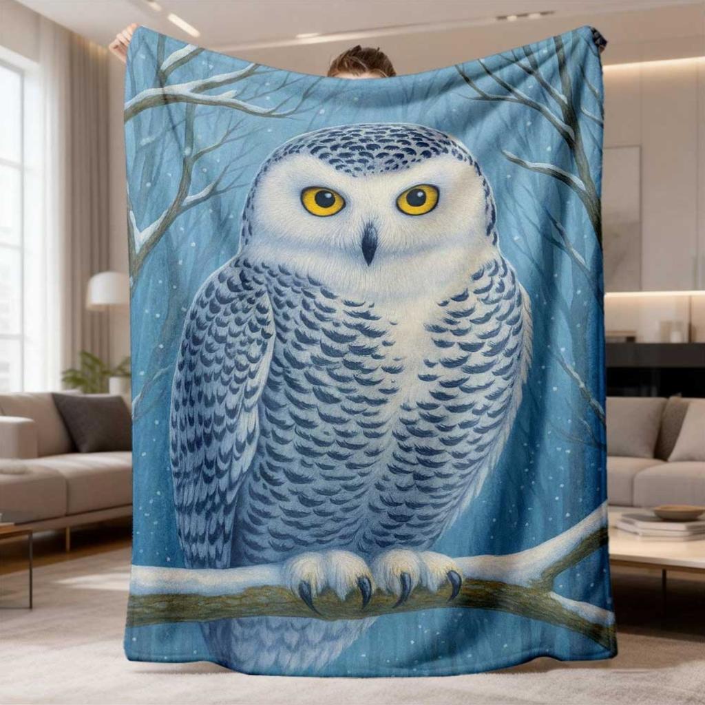 2026 New Flannel Blanket with Snowy Owl Design - Soft, Warm, Comfortable, Suitable for Sofa, Bed, Car, Office, Camping, Halloween Home Decoration Gift