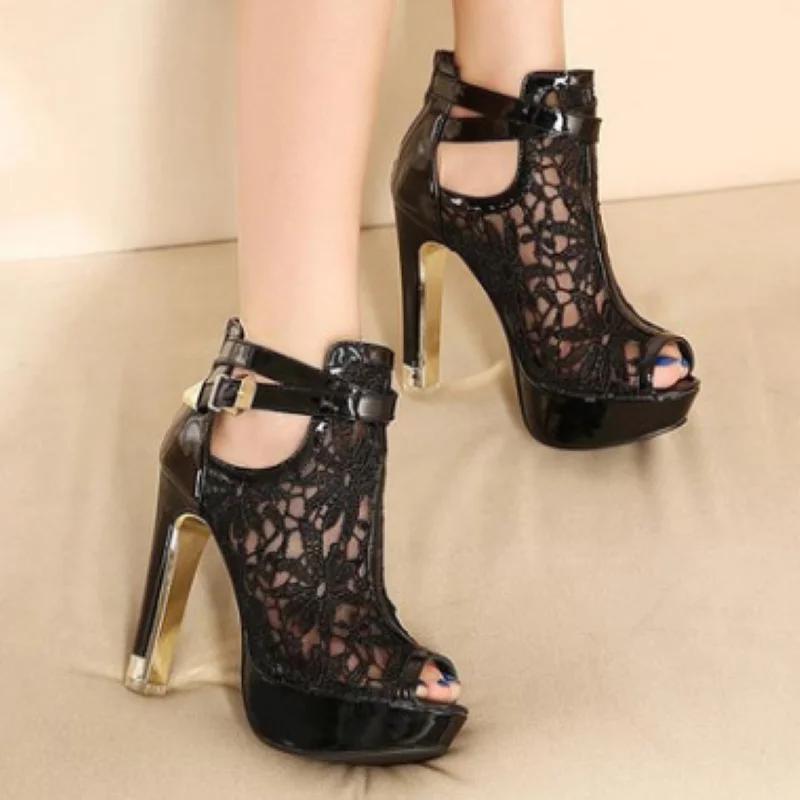 Модные босоножки на высоком каблуке с водонепроницаемой платформой, с сетчатой дышащей подкладкой, на молнии и с металлической пряжкой, женская обувь для ночного клуба