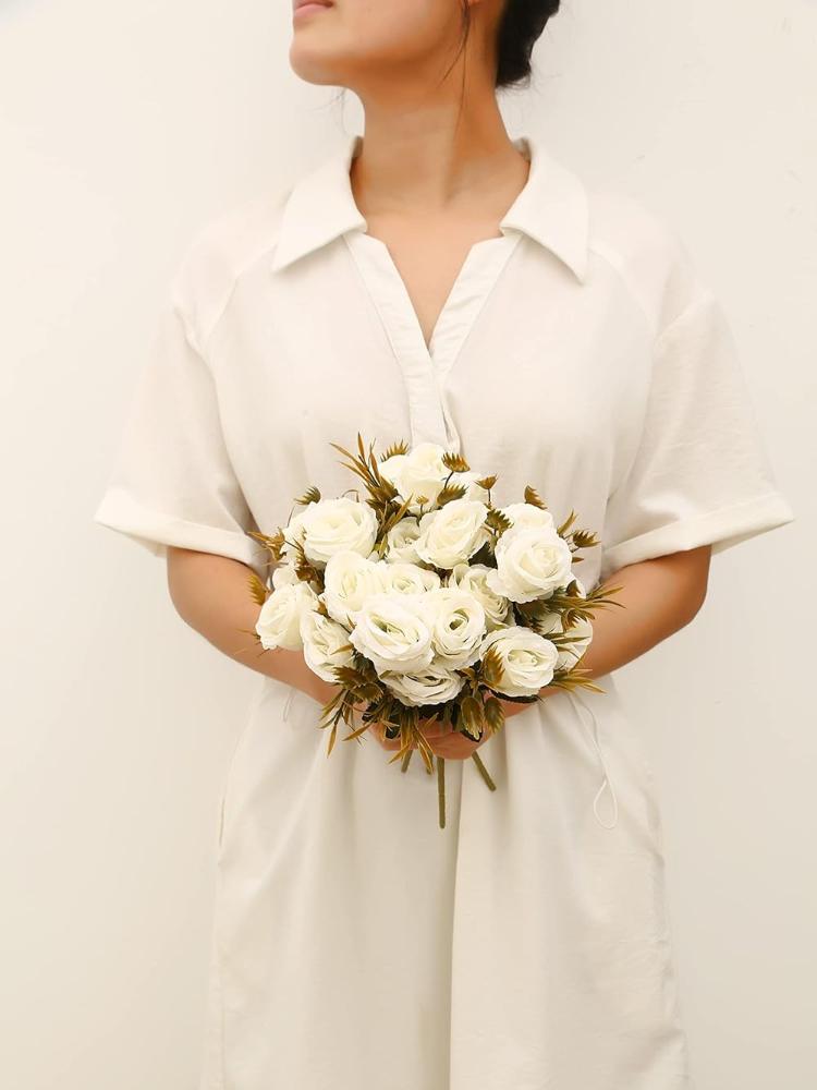 4 Pcs Wedding Bouquets Artificial Flowers 6 Heads Fake Silk Mini Rose Plastic Flowers Arrangement for DIY Home Decorations Table Centerpieces