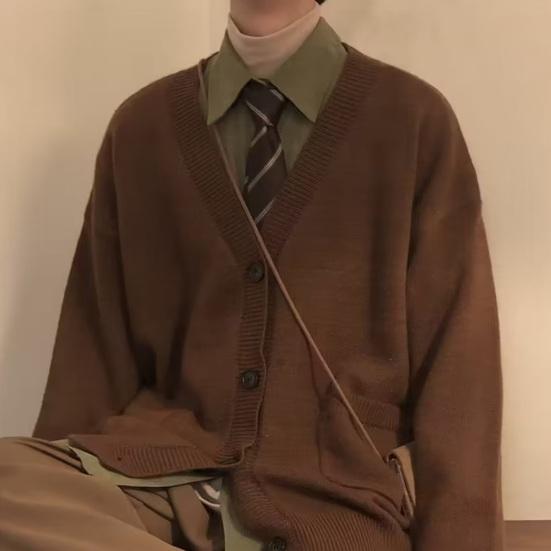 Осень-зима мужской свитер кардиган с V-образным вырезом трикотажный толстый эластичный длинный рукав свободный стиль преппи теплый однотонный трикотаж повседневная одежда свитер пальто