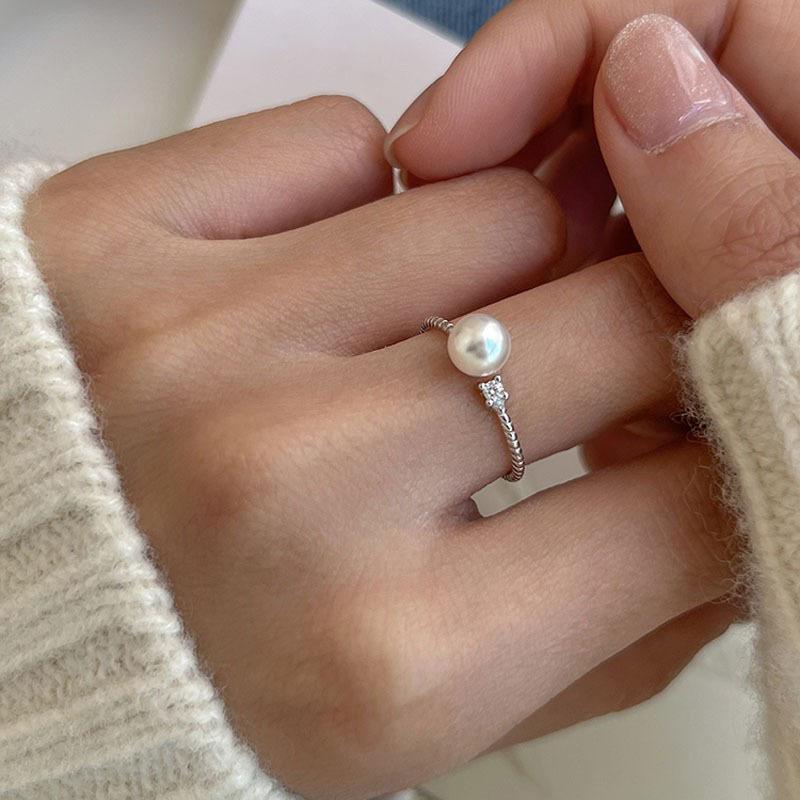 Threaded Pearl Ring Classic Women'S Fashion Versatile Simple Atmospheric Twist Zircon Index Finger Ring