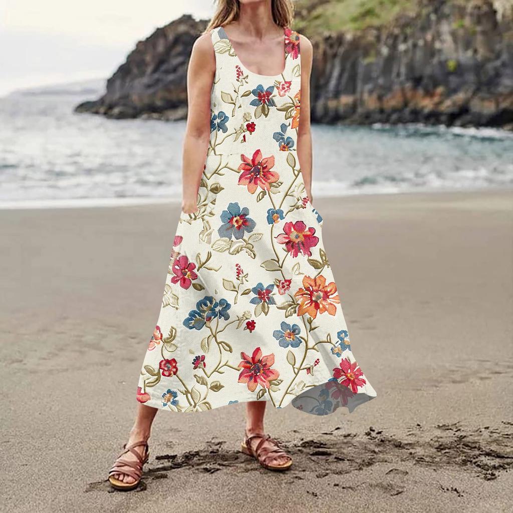 Женское повседневное удобное хлопковое карманное платье без рукавов с цветочным принтом