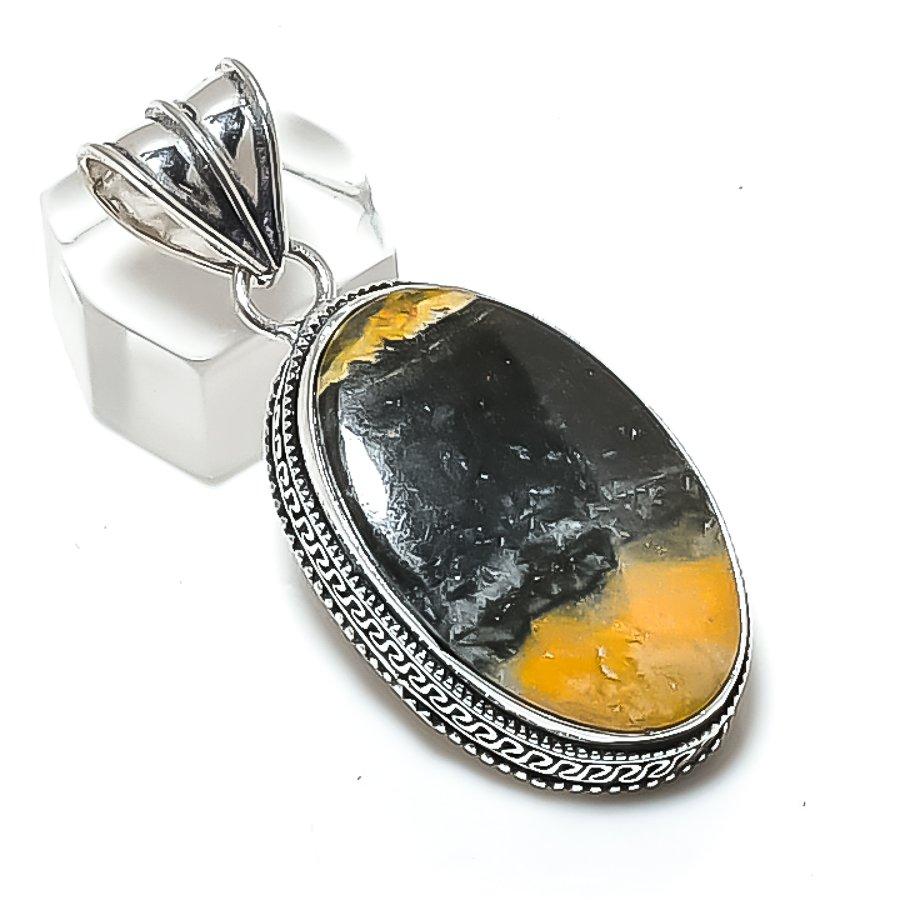 Bumble Bee Jasper Gemstone Handmade 925 Sterling Silver Pendant 2.01" P5S11