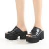 Gdgydh Women's Black Chunky Heel Sandals Stylish Peep Toe Platform Sandals Slip On Comfortable Solid Color Sandals for Women