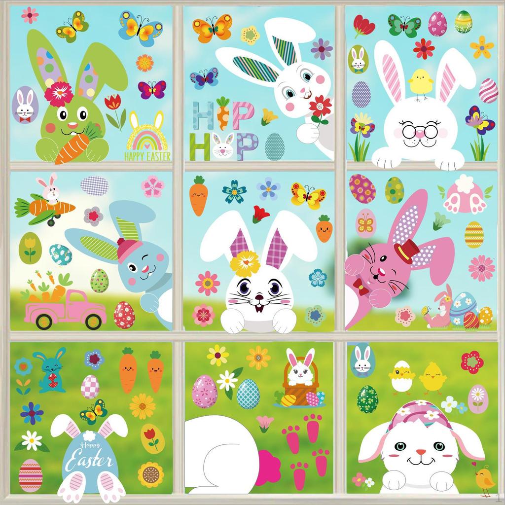 9 Sheets Easter Bunny Window Stickers Decals,Easter Eggs,Carrot Gifts Static Clings