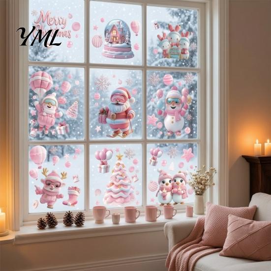Reusable Christmas Decorations 9Pcs Pink Static Window Clings, Santa Snowman Bunny Penguin Glass Claus Decor Decals, Xmas Stickers, Holiday