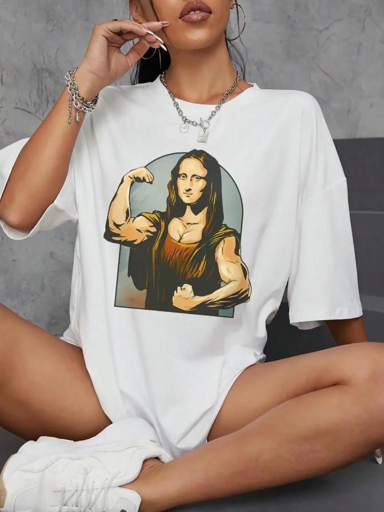 Playing Pranks on Mona Lisa Fitness Print Womens T Shirt Casual TShirt Casual Short Sleeve Loose Tshirt