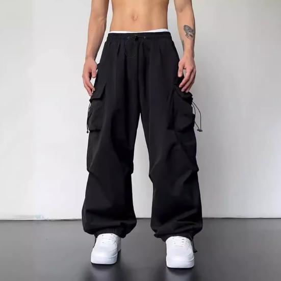 Men Casual Cargo Pants Hip Hop Baggy Trousers with Pockets Low-Rise Elastic Waist Drawstring Loose Pants for Spring Autumn Street Travel