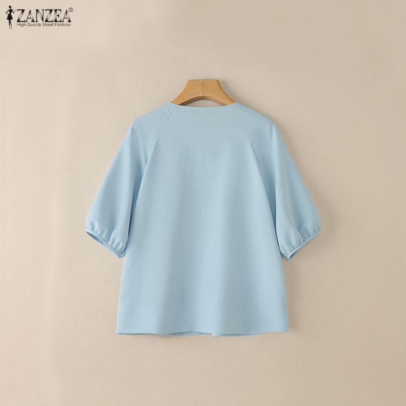 ZANZEA Женская повседневная свободная однотонная блузка с круглым вырезом и коротким рукавом