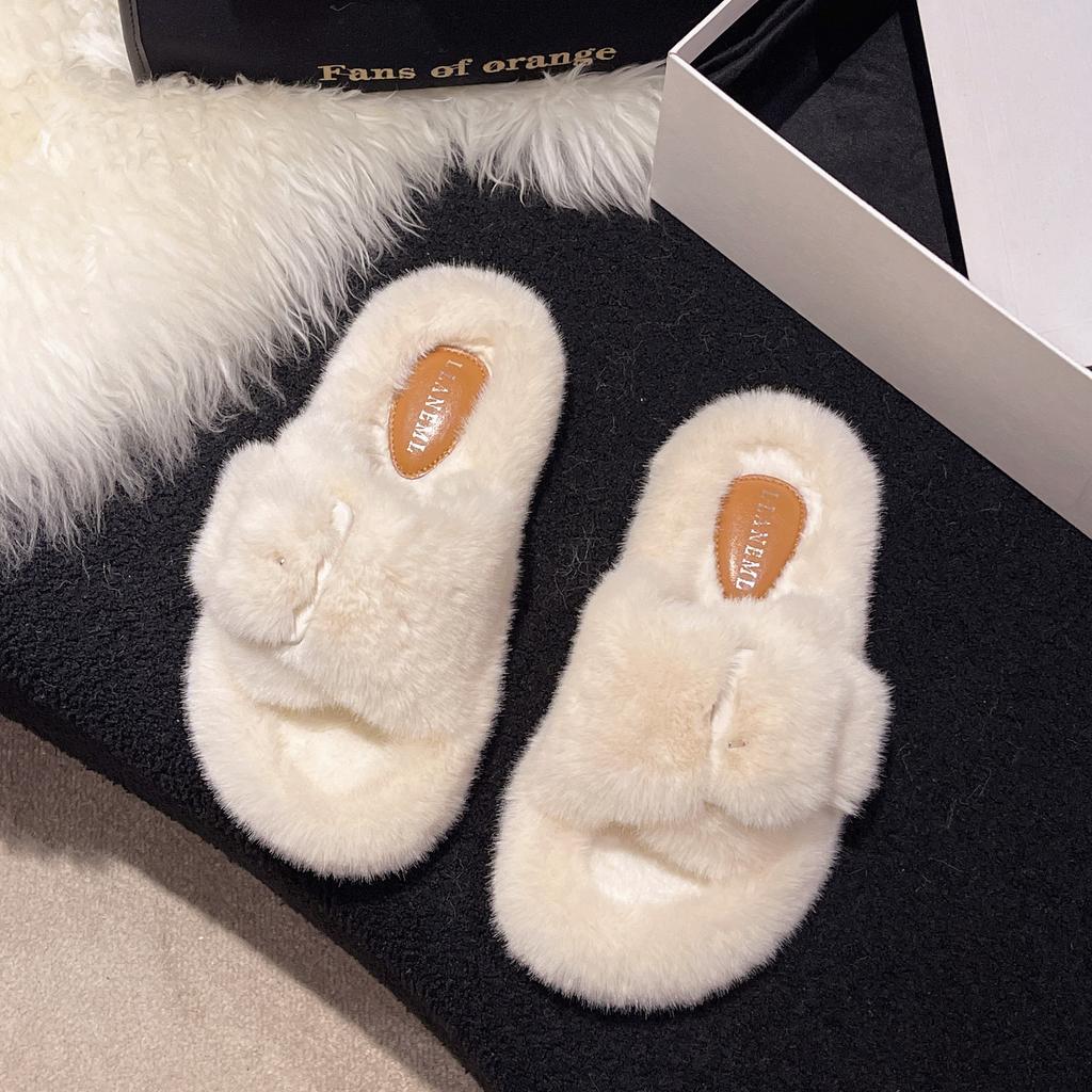 2024 New Casual Buckle One Word Fluffy Slippers Solid Color Home Fashion Outside Wear Cotton Drag