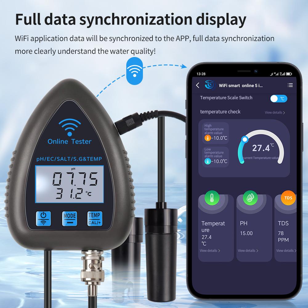 Tuya WiFi 5 в 1 Монитор качества воды TDS/EC/SALT PH SGTEMP Многофункциональный Bluetooth Анализатор воды для аквариумов Аквакультура