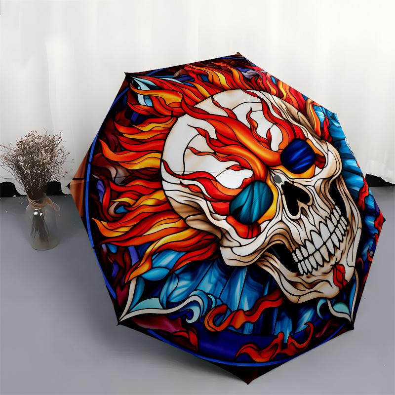 Flaming Skull Stained Wall ArtUmbrella, Portable 3-Fold Compact Umbrella,Christmas Gift ES655