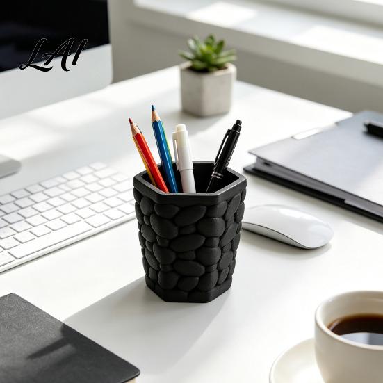 Creative Office Supplies Decor Pebble Texture Pen Holder Hexagonal Desktop Organizer Stable Anti-Tip 3D Large Capacity Organizer Printed PLA Storage