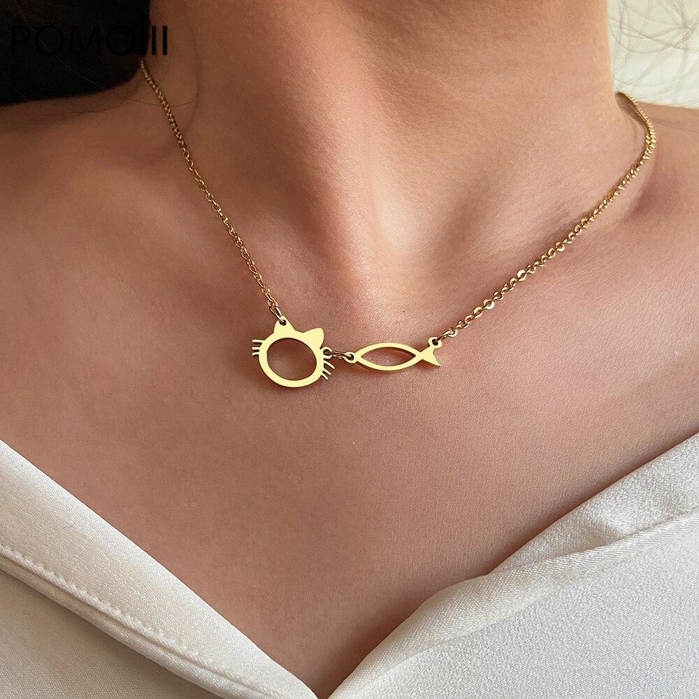 Stainless Steel Necklaces Cute Cat And Fish Pendant Chain Choker Charm Fashion Necklace For Women Jewelry Party Birthday Gifts