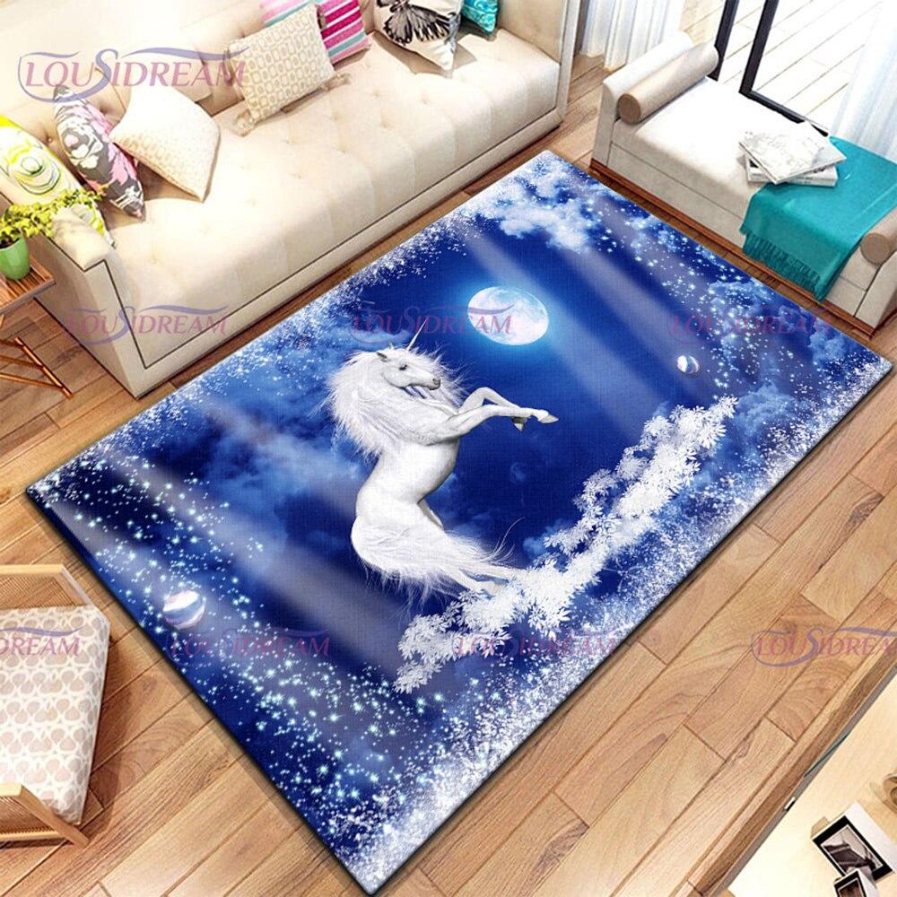 3D Moonlight Unicorn Print Rug Galaxy Planet Living Room Bedroom Sofa Décor Rug Door Mat Kitchen Non-Slip Floor Mat Picnic Camp