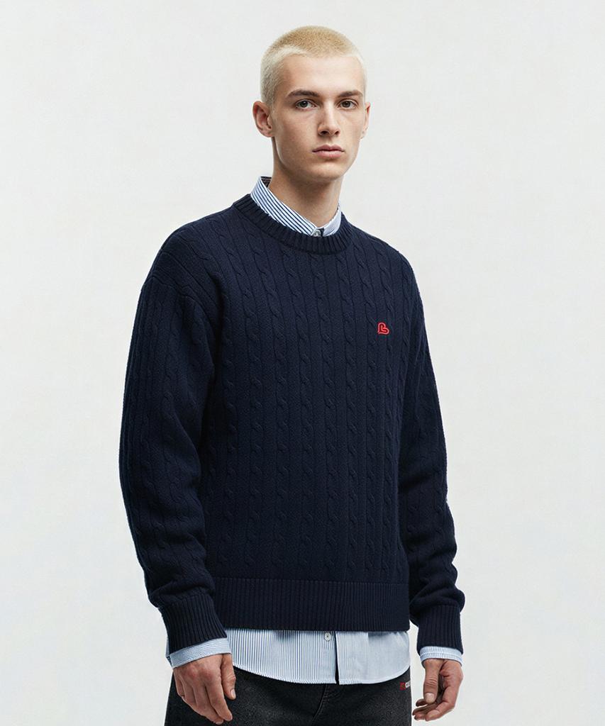 LENGAGEMENT Classic Cotton Round Neck Cable Knit [Navy]