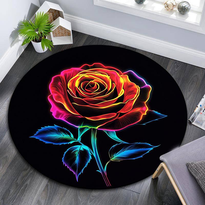Rainbow Rose Round Area Rug,Carpet Rug for Living Room Bedroom Sofa Playroom Decor,Non-slip Floor Mat