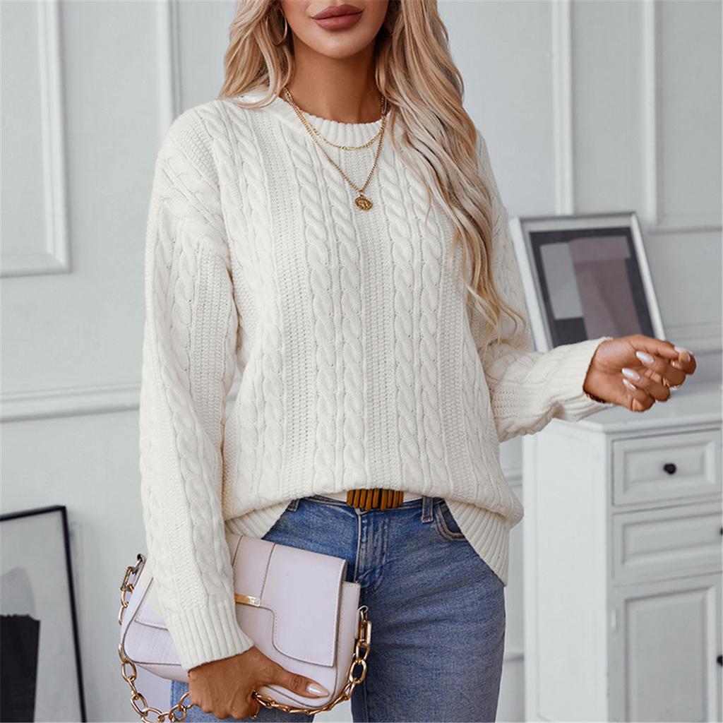 Twisted Cable Pullover Sweater Women's Autumn And Winter New European And American Retro Round Neck Long Sleeve Knitted Sweater Women