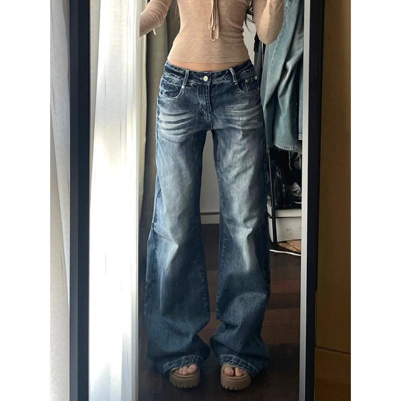 Женские повседневные свободные джинсы с высокой талией, винтажные мешковатые джинсы с широкими штанинами 2000 года, уличные корейские расклешенные брюки больших размеров