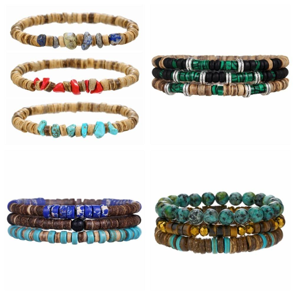 3 шт./комплект, мужские браслеты в богемном стиле, этнический стиль, кольцо для руки из кокосовой скорлупы, браслет из бусин, набор для девочек