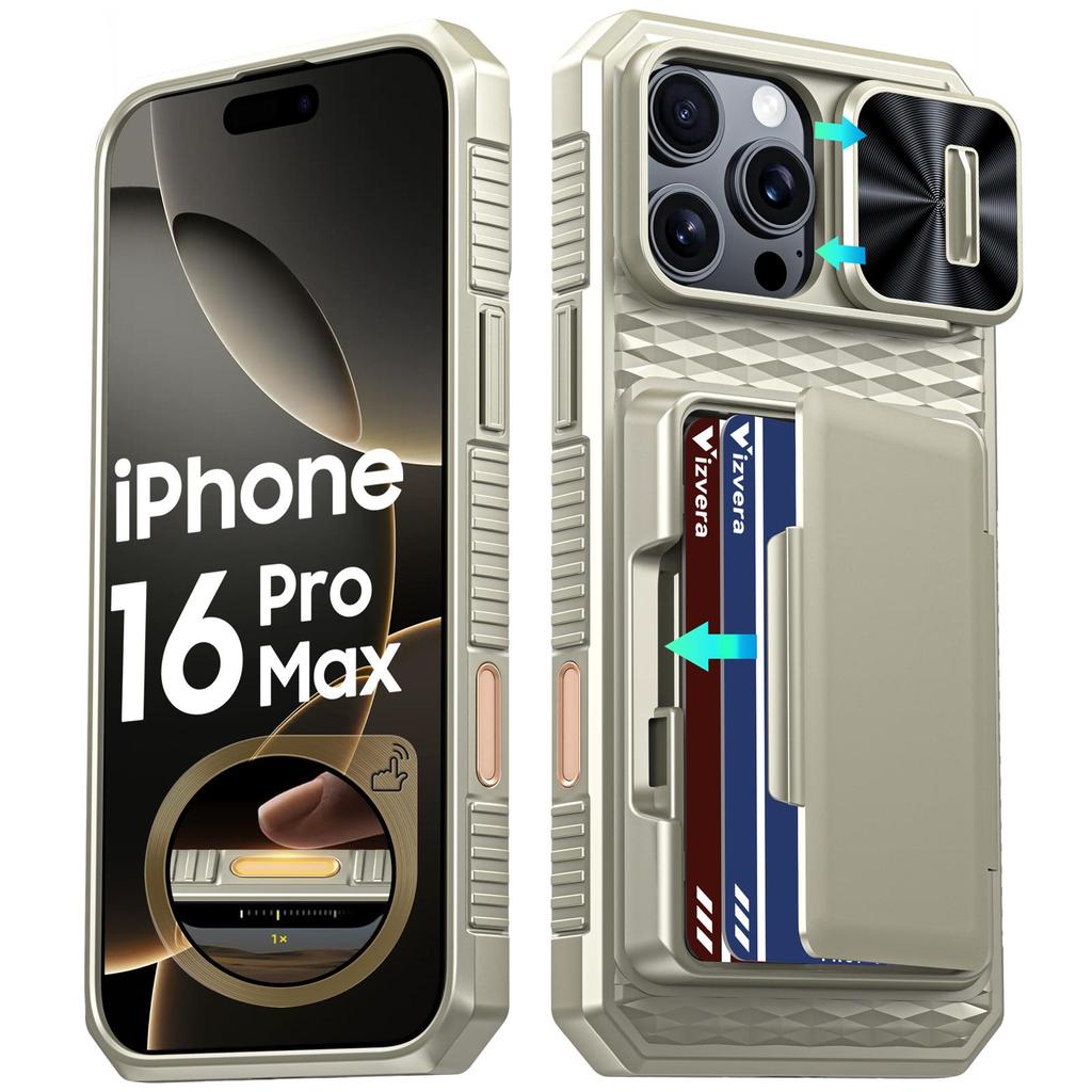 With Card Holder Sliding Camera Cover And Stand For iPhone 16 Pro Max Phone Case, Anti-Fall PC+TPU Wallet Case-Purple
