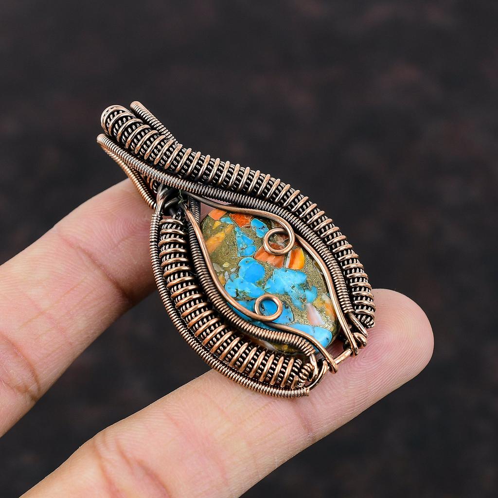 Spiny Oyster Copper Turquoise Pendant Copper Wire Wrapped Pendant Handmade Jewelry Gemstone Pendant Copper Wire Wrap Jewelry Engagement Gift