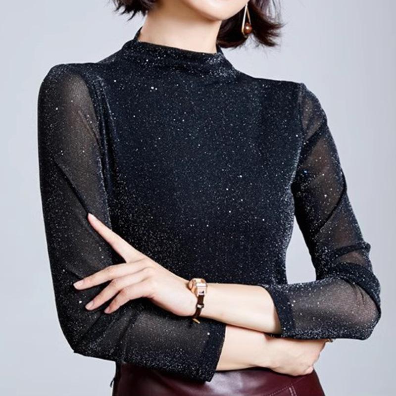 Spring and Autumn Women's Half High Neck Bottom Shirt Inner Mesh Top