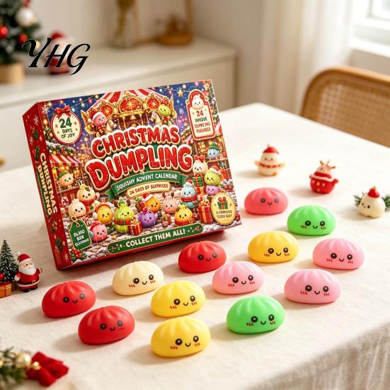 24 Days Countdown Box Christmas Cartoon Dumpling Gift Box, Xmas Advent Calendar with Stress Steamed Bun Toy Relief Squeeze Toys,