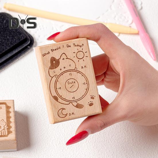 Cartoon Cat Planner Stamp DIY Scrapbooking Weekly Monthly Schedule Planning Time Clock Calendar Daily To-do-list Decorative Wooden Stamp Blocks