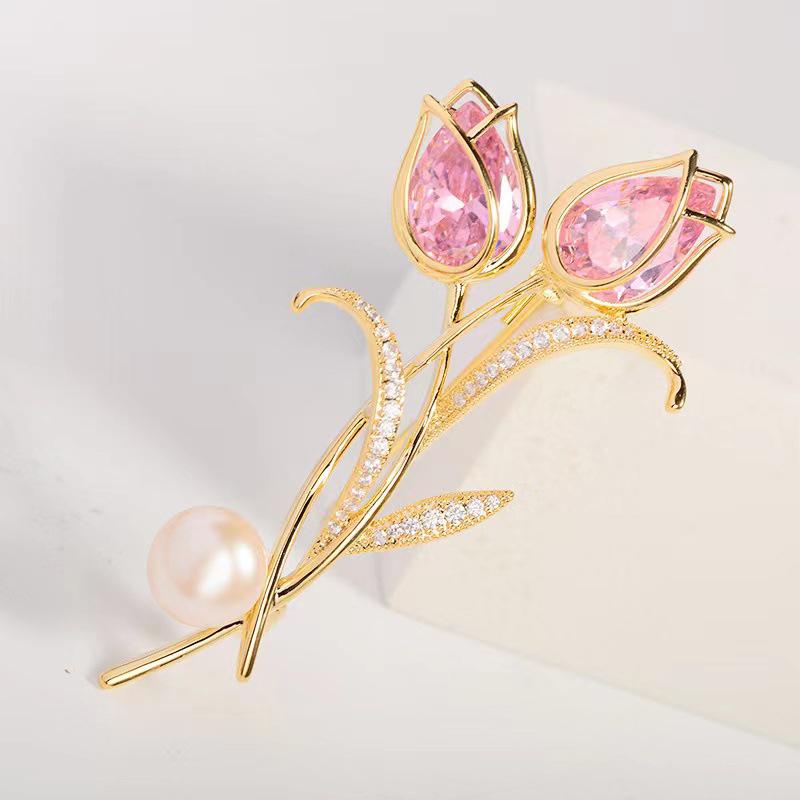 Zircon Tulip Flower Pearl Brooches For Women Sweet Floral Lapel Pins Banquet Party Clothes Corsage Jewelry Gift