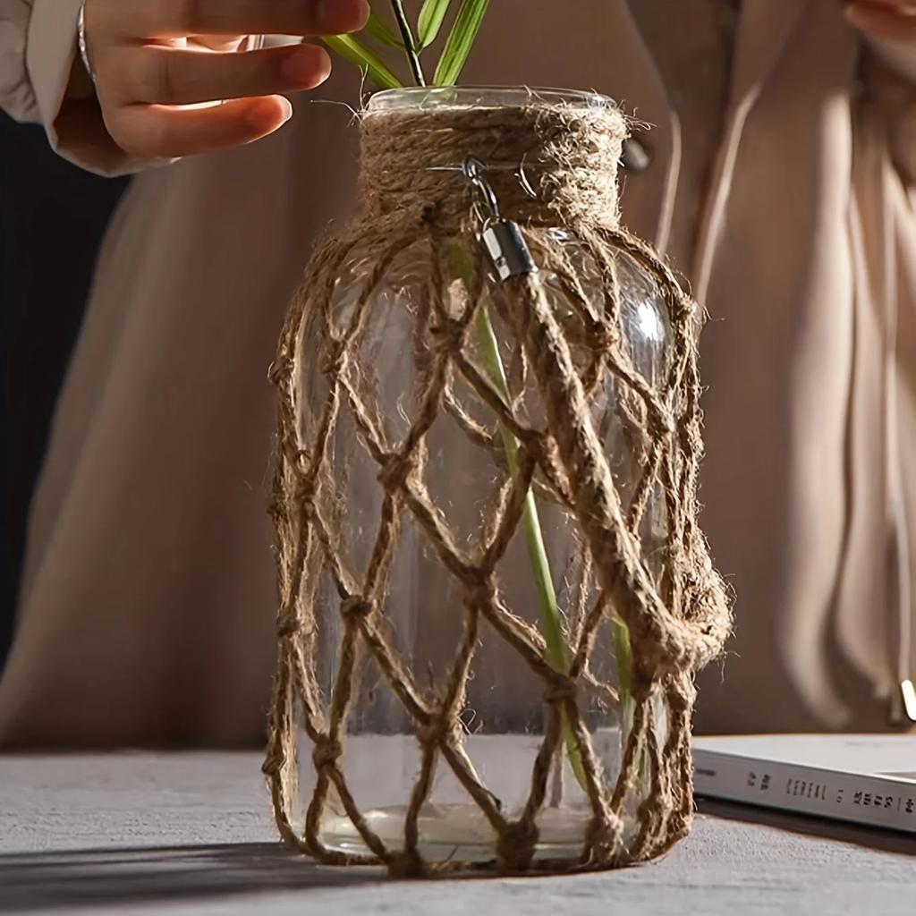 Деревенская подвесная стеклянная ваза с сеткой из веревки – Прозрачная ваза для цветов с пеньковой веревкой для украшения дома, гостиной и стола