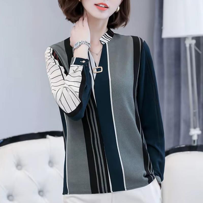 Весенняя мода с длинным рукавом женские блузки элегантный принт полосатый V-образный вырез повседневные рубашки для женщин мода тонкие узкие офисные женские рубашки топы 875B