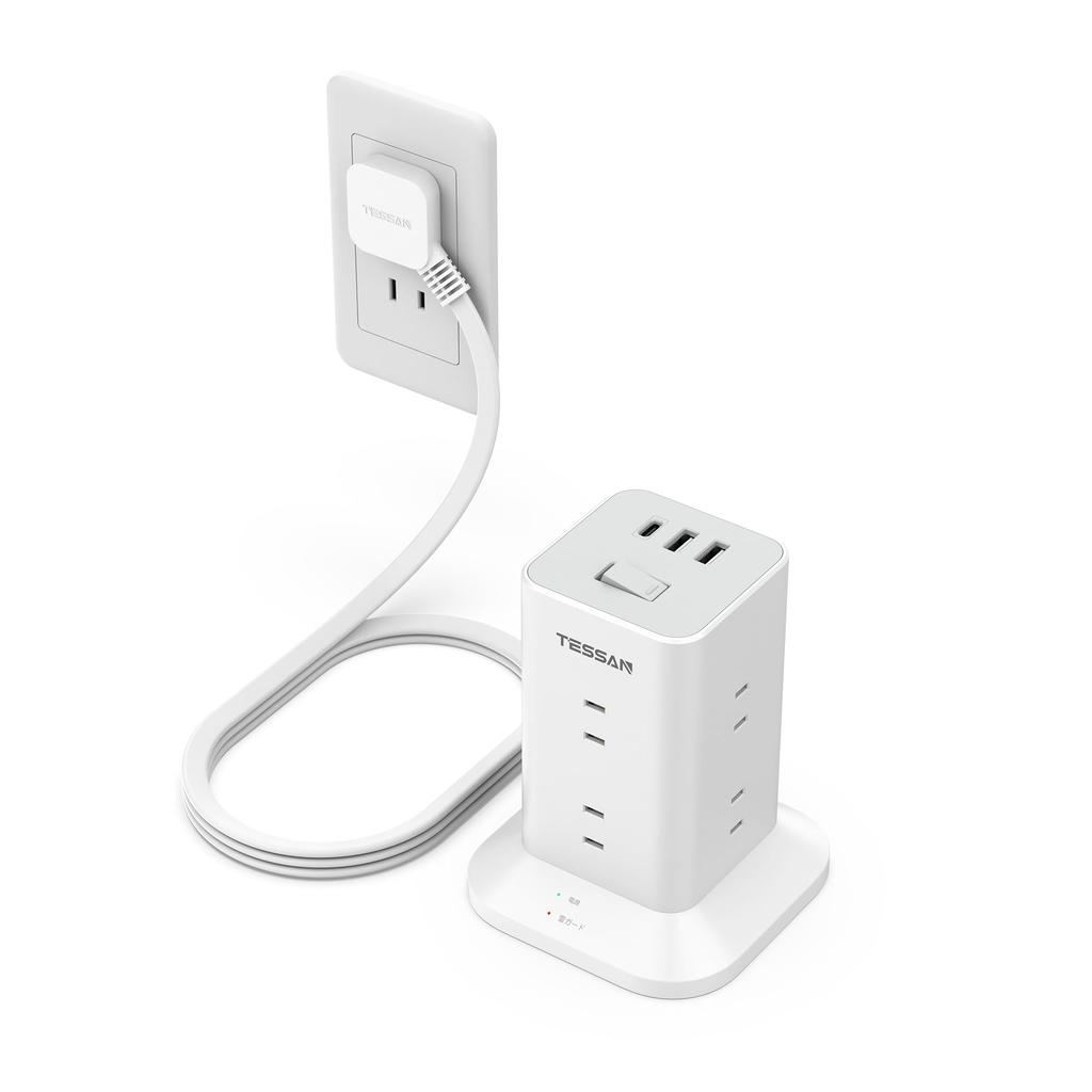 TESSAN Tower Mini Power Strip, 2m Extension Cord with 8 AC Outlets, 3 USB Ports, 180° Swing Plug, Octopus-shaped Outlets, and Lightning Guard,