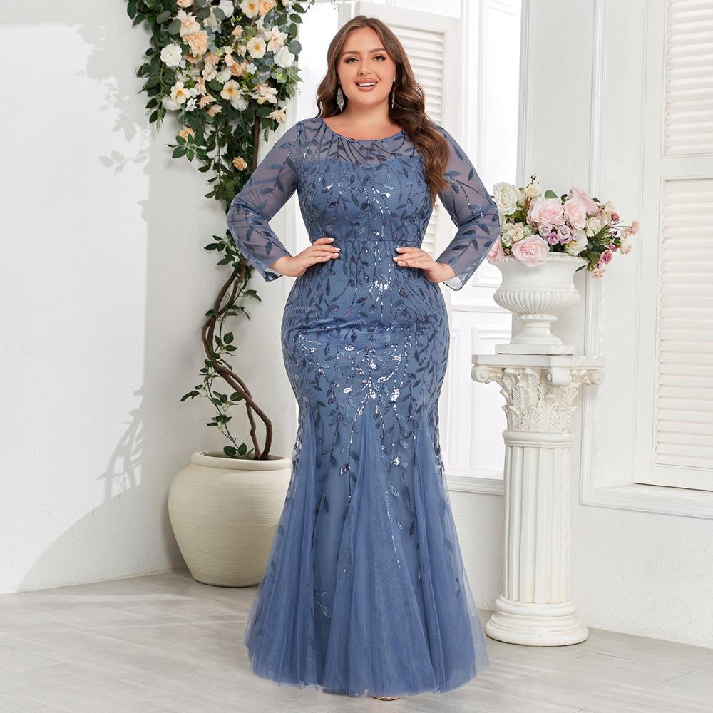 Элегантное платье-русалка с вышивкой больших размеров, круглый вырез, длинный рукав, на подкладке, молния сзади