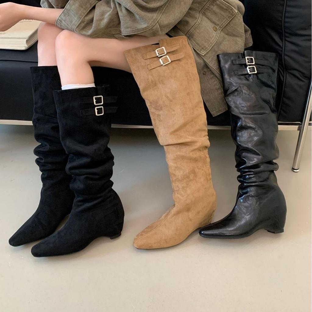 Suede pile boots women's autumn and winter new knee high knight boots inner height increase western cowboy boots
