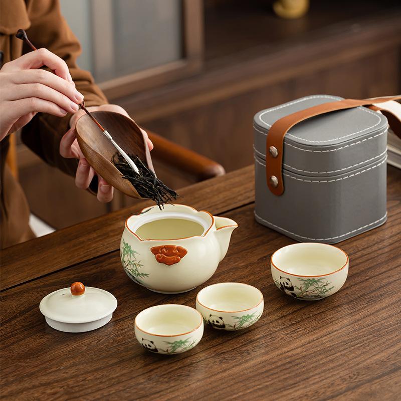 Mengqu Panda Tea Set Guochao Light Luxury Ru Kiln Opening Film Household Complete Set of Tea Trays High-end Gift Boxes Business Customization