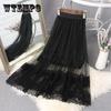Lace Mesh Skirt Women's Mid-length High Waist Thin Gauze Skirt A-line Long Skirt Fluffy Pleated Skirt Fashion New Lace Embroidery