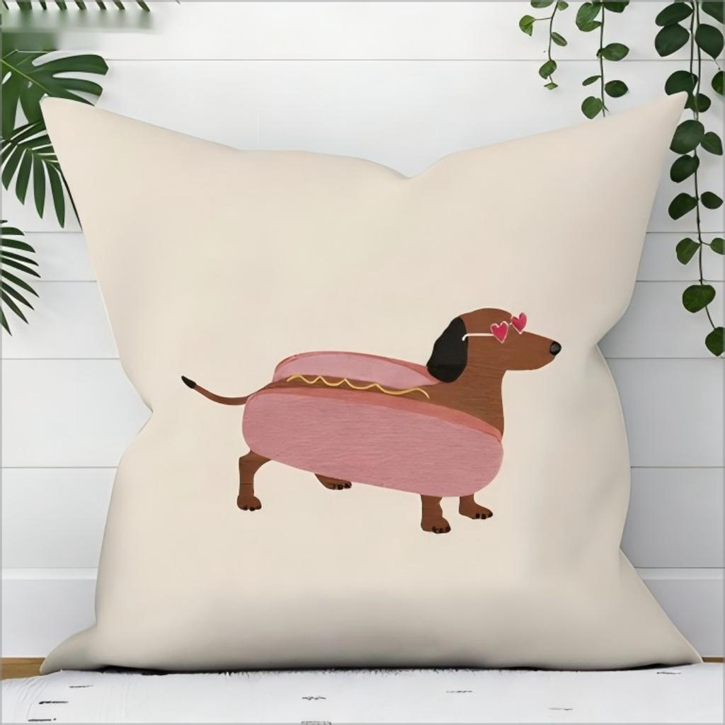 Cute Hot Dog Dachshund Pillow Cover Faux Embroidery Print Funny Sausage Dog Cushion Case For Sofa Bed Couch Kids Room Decor