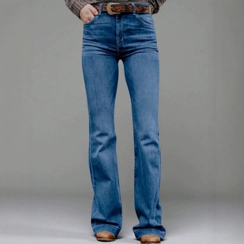 2026 Contrast Embroidery Flare Jeans Women Slim Low Rise Full Length Casual Denim Pants